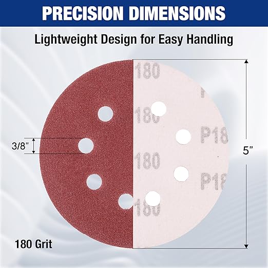 WORKPRO 50-Piece 180 Grit Sanding Discs - 5-Inch 8-Hole Hook and Loop Sandpaper for Random Orbital Sander (Not for Oscillating Tools or Mouse Sander)