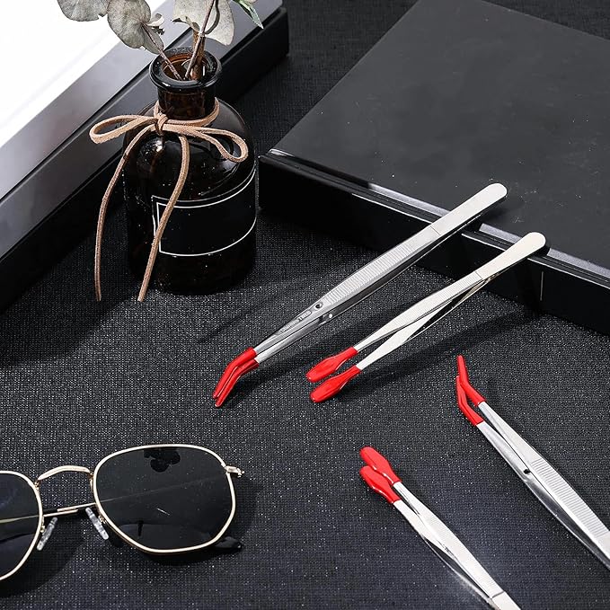 Honoson 4 Pieces Rubber Tipped Tweezers PVC Silicone Tip Tweezers Coated Flat and Bent Forceps for Lab Industrial Jewelry Craft Coin Stamp Tongs(Red)