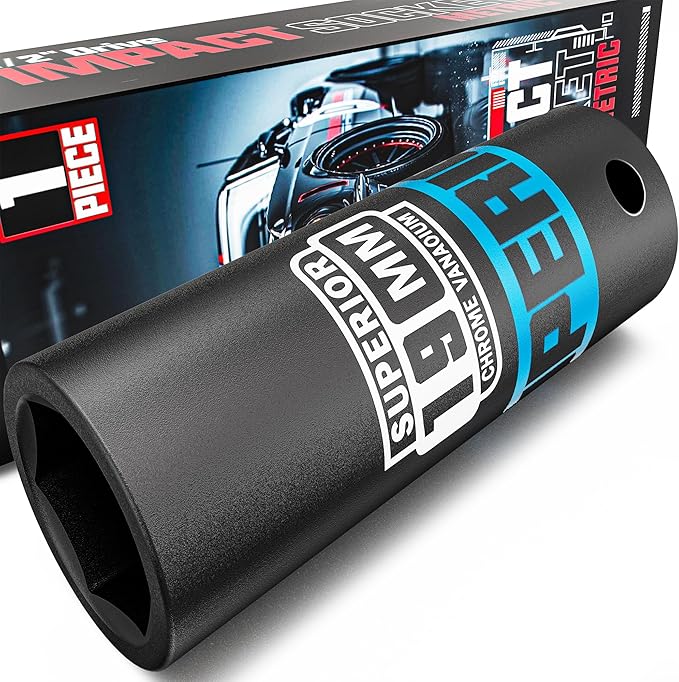 1/2" Drive Impact Socket, 19 mm Deep Socket, Metric, 6 Point, CR-V, for Automotive Maintaince, Mechanical Equipment Maintaince