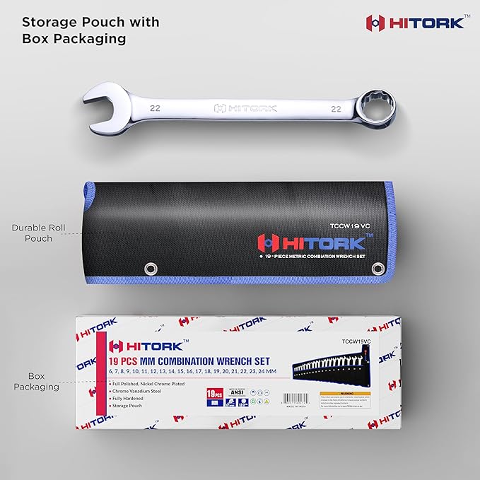 HITORK 19 Piece Metric Combination Wrench Set (6??4mm) Cr-V Steel Mirror Chrome Finish 12-Point Box End, 15째 Offset, Roll-Up Pouch ??Durable Open End Wrench Set for Home, Garage & Auto Repair