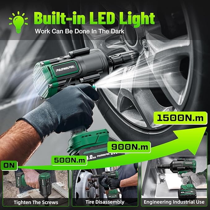 2026 New Upgrade 1500N.m(1106ft-lbs) Impact Wrench, High Torque 1/2 Impact Gun with 21V 2x4.0AH Battery, Fast Charger & 5 Sockets, 3500IPM Brushless Impact Driver for Home Car Truck Tires