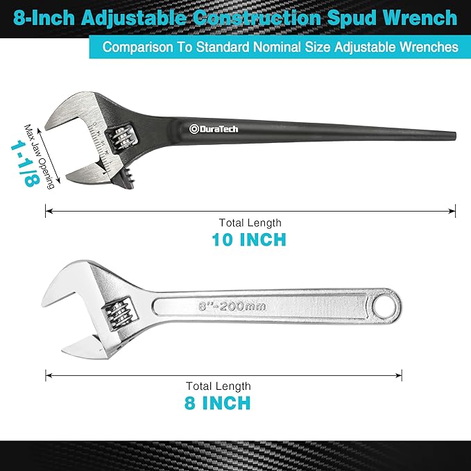 DURATECH 8-Inch Adjustable Construction Spud Wrench, Black Oxide Finish, CR-V Steel, SAE and Metric Scale Marked, Alignment Holes and Tail Crowbar Features