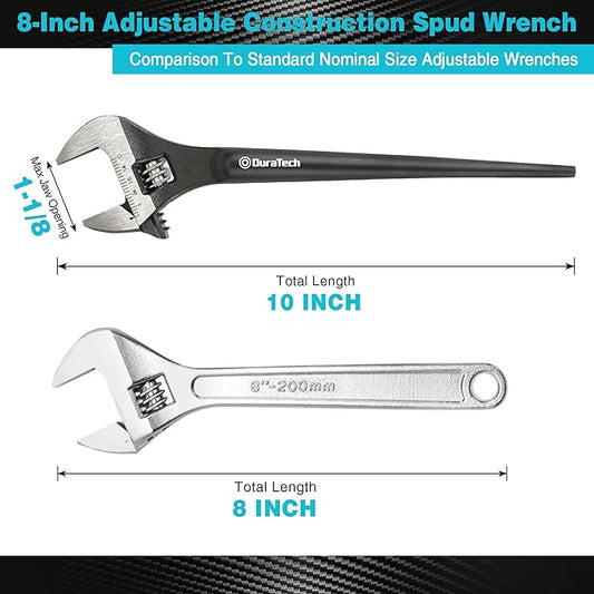 DURATECH 8-Inch Adjustable Construction Spud Wrench, Black Oxide Finish, CR-V Steel, SAE and Metric Scale Marked, Alignment Holes and Tail Crowbar Features