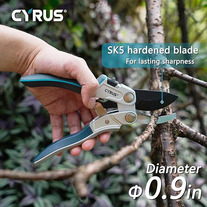 CYRUS Pruning Garden Shears with Ratchet labor-saving Lever, Carbon Steel Non-Stick Blade, Aluminum Handle & Safety Lock, Sharp Flower Scissors for Trimming Branches Up to 0.9 Inch