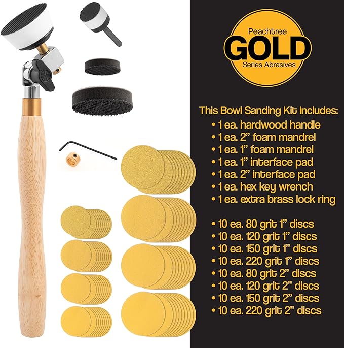 Bowl Sander Tool Kit - Dual Bearing Head & Hardwood Handle, 85 Piece Wood Sander Kit, 1" & 2" Hook & Loop Sanding Disc Sandpaper, 1/4 Mandrel
