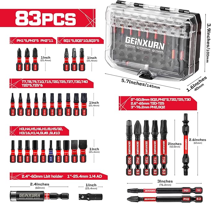 Impact Screwdriver Bits Set, 83Pieces Magnetic Muliti S2 Steel Phillips/Slotted/Square/Torx/Hex Insert Power Bits Tips Set with Impact Bit Holder and Socket Adapter (Black Storage Box Case)