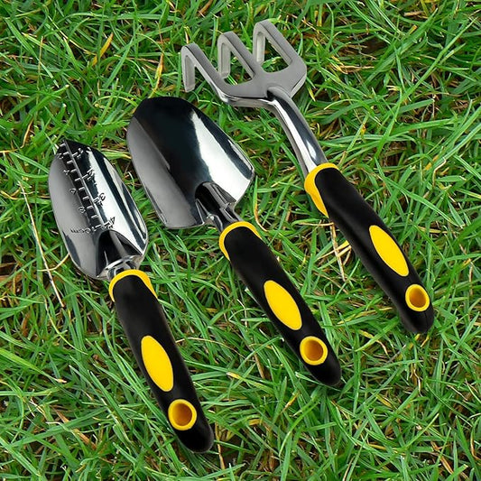 Gardenera 3PC Garden Tool Set with Soft Rubberized Non-Slip Handles - Hand Trowel, Transplant Trowel, Hand Rake in Polished Aluminum - Ideal for All Gardening Needs and The for Gardeners