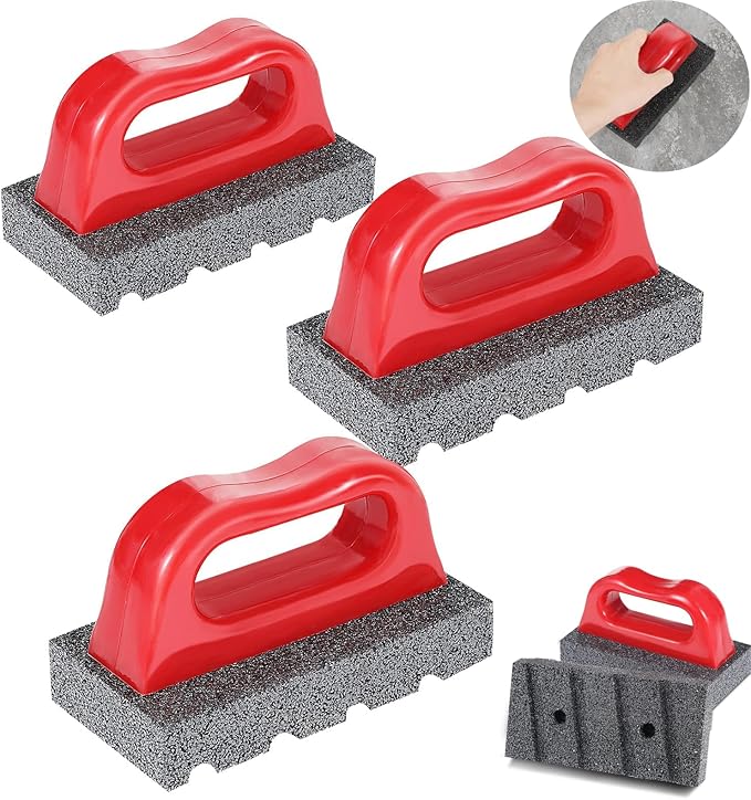 3 Pcs Rub Brick with Handle, Fluted 20-Grit Carbofrax Surface Concrete Tools Masonry Tools Smoothing Cleaning Removing Marks Tool (Red)