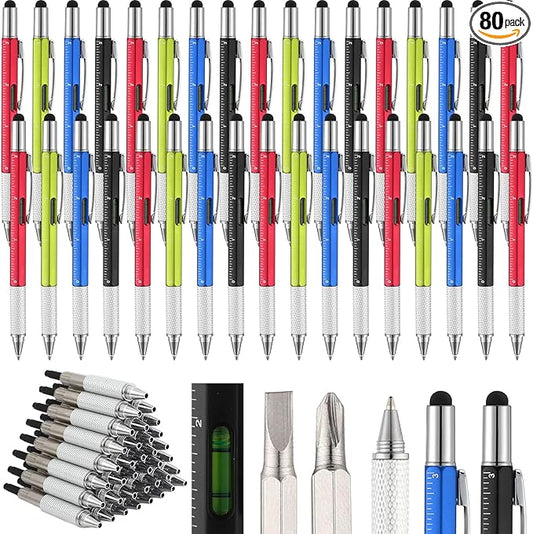 Yeaqee 80 Pcs Stocking Stuffers Bulk Gifts for Men 6 in 1 Party Favor Father's Christmas White Elephant Gifts Multi Tool Pens with Ruler, Level Gauge for Adult (Vivid Color)