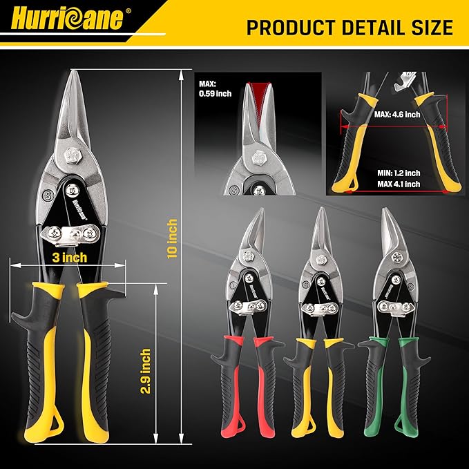 HURRICANE 3 pc Aviation Tin Snips Set, 10 inch Metal Cutter Shears for Cutting Sheet Metal, Cr-V Blades, Straight Left and Right Aviation Snips, with Ergonomical TyreGrip Handle and Safety Latch