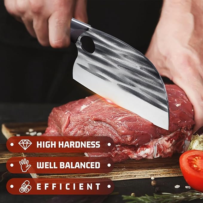 Huusk Upgraded Serbian Chef Knife - Forged Butcher Knife with Sheath, Japanese Meat Cleaver for Meat Cutting Heavy Duty Chopping Knives for Outdoor Cooking, Camping, Gifts for Men and Women