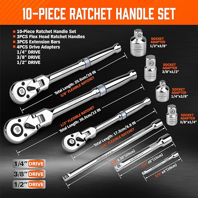 HORUSDY 10-Piece Flex-Head Ratchet Set, 1/4", 3/8" & 1/2" Drive Socket Wrenches, 90-Tooth Quick-Release Reversible Low-Profile, Extension Bars (4", 10", 6") & 4 Adapters for Bike & Home Repair