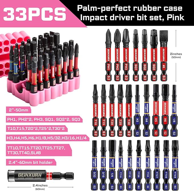 Impact Screwdriver Bits Set, 33 Pieces 2?쒶ulti Head Magnetic S2 Steel Driver Bits PH/SQ/Torx/Slotted/Hex/Security Torx With Pink Soft Base