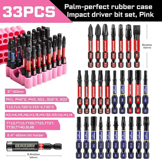 Impact Screwdriver Bits Set, 33 Pieces 2?쒶ulti Head Magnetic S2 Steel Driver Bits PH/SQ/Torx/Slotted/Hex/Security Torx With Pink Soft Base