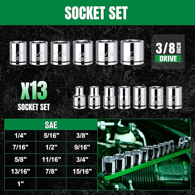 SK 3/8" Drive Socket Set, SAE Sockets, 13-Piece, 1/4" to 1", SuperKrome Finish, Premium CR-V Construction, with Aluminum Socket Organizer
