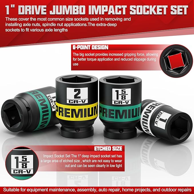 1" Drive Jumbo Impact Socket Set, SAE Axle Nut Sockets, 9-Piece (1-2 in.) Drive Deep Impact Socket Set, 6-Point, Cr-V Steel, Universal Hex Deep Socket Set with heavy Duty Storage Case
