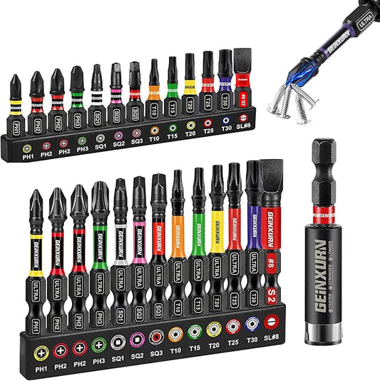 Impact Screwdriver Bits Set, 26Pcs 2??3??Phillipes/Torx/Square/Slotted Magnetic S2 Steel Driver Bits Set and 1pc Impact Bit Holder with Color Coded Base