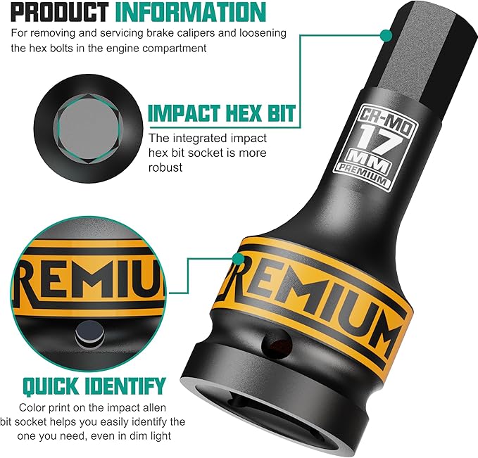3/4" Drive H17 Impact Hex Bit Socket, 17 mm Allen Bit Socket, Metric, Cr-Mo Steel, Car Maintenance, Furniture Installation, Mechanic Use