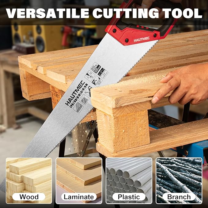 HAUTMEC 20" Universal Hand Saw, 8 TPI Triple-Ground Teeth, Low-Friction Blade, Ergonomic Handle with 45° & 90° Markers, Pro Handsaw for Wood, Plywood, Plastic, Tree Branch Cutting – HT0025