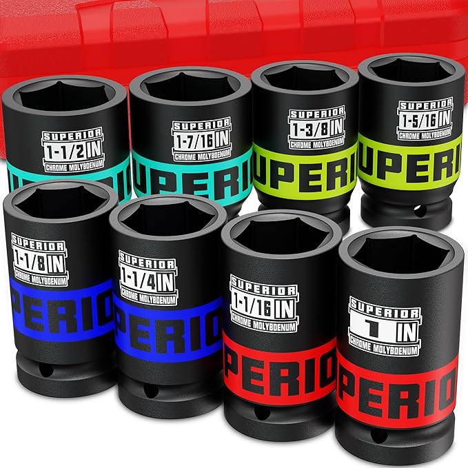 8 Piece 3/4" Drive Impact Socket Set, 1" to 1-1/2" Deep Socket, SAE Axle Nut Socket, 6-Point, Heavy Duty CR-MO, Large Automotive Repairs, Agricultural implement