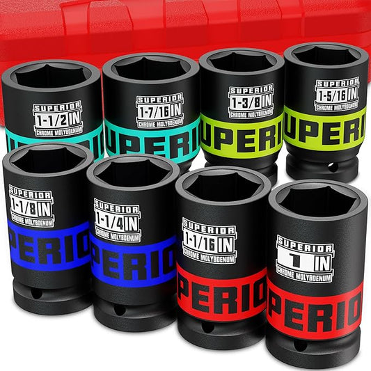 8 Piece 3/4" Drive Impact Socket Set, 1" to 1-1/2" Deep Socket, SAE Axle Nut Socket, 6-Point, Heavy Duty CR-MO, Large Automotive Repairs, Agricultural implement