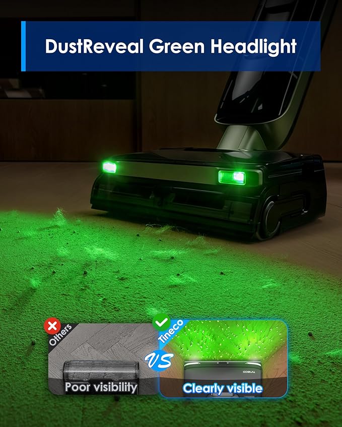 Tineco Floor ONE S7 Master Wet Dry Vacuum Cleaner, 23kPa Suction Vacuum Mop with DustReveal Green Headlight, 65 Min Runtime, 185째F Flashdry, 3.9inch Ultra-Slim Stretch Mop