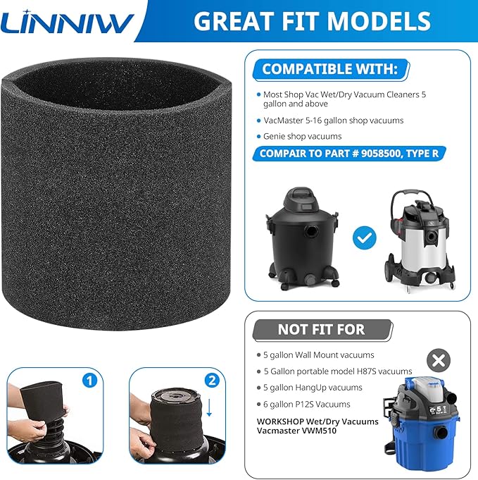 3 Pack 90585 Foam Sleeve VF2001 Foam Replacements Filters Compatible with Most Shop-Vac Wet/Dry Vacuum Cleaners 5 Gallon and Above, Vacmaster & Genie Shop Vacuum Cleaner, Replace Parts # 9058500