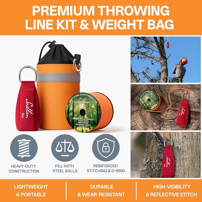 Arborist Throw Line Kit - Ultra Slick 166ft Polyester Rope with 9Oz Weight Throw Bag Low High Limb Throwing Adults Forestry Tree Trimming Cutting GEA