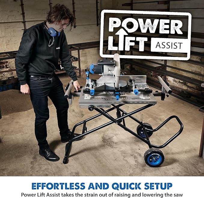 Evolution MCSSTAND | Mitering Chop Saw Stand with Powerlift Assist | Heavy-Duty Steel Frame | All-Terrain Wheels | Compatible with Evolution S14MCS, S355MCS, S355CPSL, S14CPS, S15CPS | Gas-Strut Lift