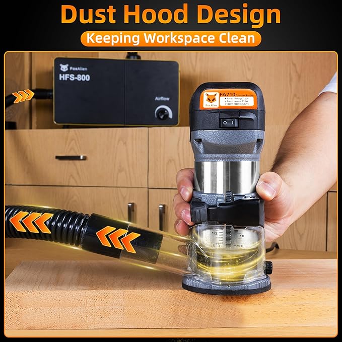 FoxAlien 1HP 710W 65mm Diameter Compact Palm Router for CNC Woodworking,6 Variable Speeds Max 30000 R/MIN Wood Trimmer with 1/4??Collet (110V)