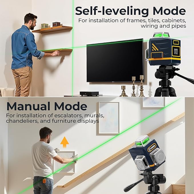 CIGMAN Laser Level Self Leveling 3x360째 3D Green Cross Line for Construction and Picture Hanging, Rechargeable battery, Remote Controller, Magnetic Rotating Stand Included