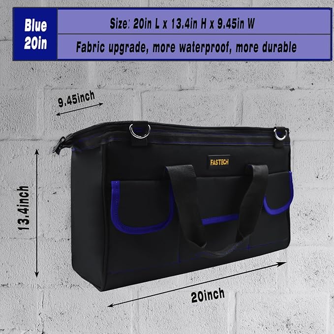 FASTECH 20 Inch Tool Bag, Large Tools Bag Waterproof Wide Mouth Tool Kit Heavy Duty Tool Bag Organizer, Tool Storage Package For Men/Women (20IN Blue)