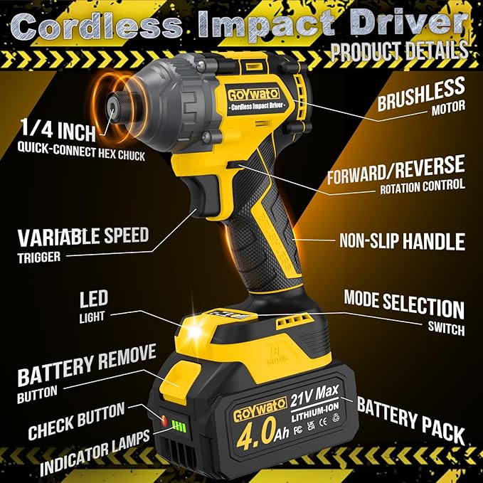Cordless Impact Driver 2655In-lbs(300N쨌m) - 21V 1/4" Hex Chuck Brushless Hand Impact Driver With & 2 x 4.0Ah Battery & Charger & 14 x Sockets Set & 10 x Screwdriver Bit for Home Projects & DIY