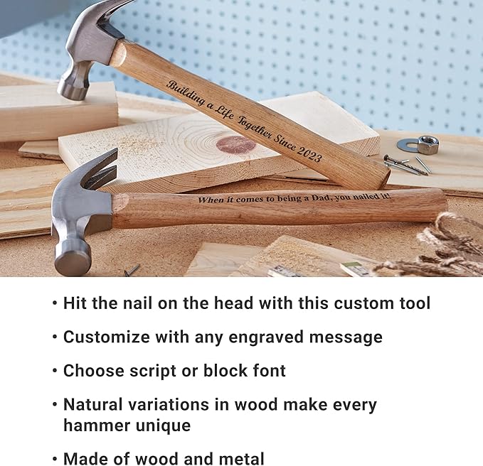 Let's Make Memories Custom Wooden Hammer Keepsake - For Him - Wood Handle - Engraved Message - Stocking Stuffer - Graduation - Achievement - For Dad - Block