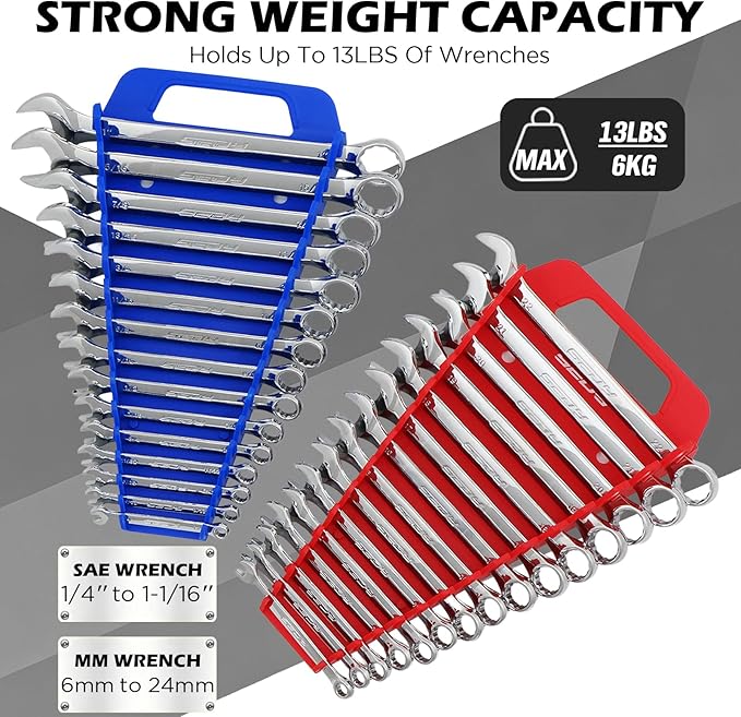 SEDY 2-Pack Magnetic Wrench Organizer with Non-Slip Handle, 24-Slot Heavy-Duty Wrench Rack Holders for Toolbox & Drawer Storage, Fits SAE 1/4"-1-1/16" and Metric 6mm-24mm Wrenches