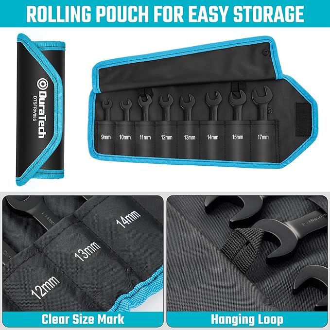 DURATECH Stubby Flex-head Ratcheting Combination Wrench Set, 8-piece, Metric, 9 to 17mm, CR-V Steel, Black Electrophoretic Coating, with Rolling Pouch