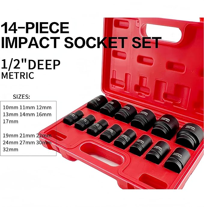 1/2 Inch Shollw Drive Impact Socket Set,6-Point,Metric (10mm-32mm),14 Pcs,Cr-Mo Steel,With a Storage Case