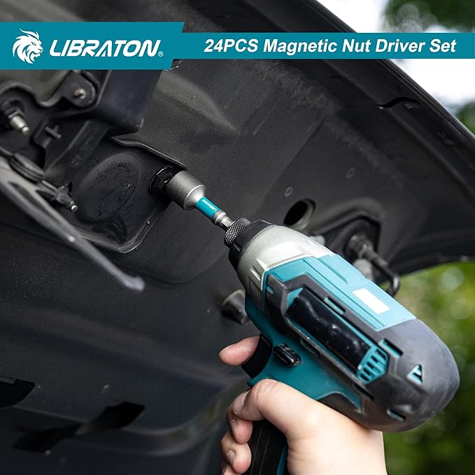 LIBRATON 24PCS Magnetic Nut Driver Set, Impact Drill Driver Bit Set 1/4", Metric and SAE Nut Drivers for Impact Drill, Impact Socket Adapters, Bit Holder, Screwdriver Bits, with Toolbox