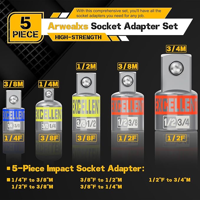 5 Piece Socket Adapter and Reducer Set, 1/4" 3/8" 1/2" Drive Impact Socket Adapter Set for Impact Driver Conversions and Power Drill