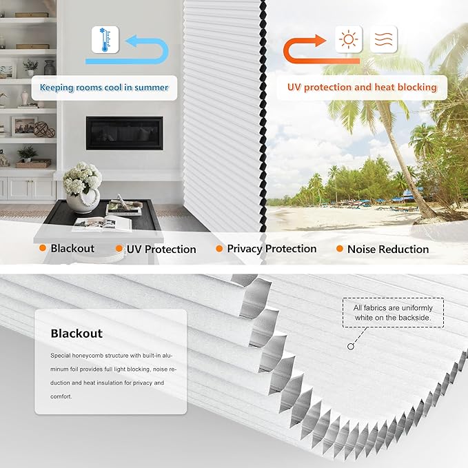 LazBlinds No Tools No Drill Cordless Cellular Shades, Top Down Bottom Up (TDBU) Honeycomb Shades for Home, Blackout Light Blocking Thermal Insulation Blinds for Windows, 30.5" W x 72" H, White