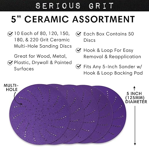 Serious Grit 5-Inch Assorted Grit Ceramic Multi-Hole Hook & Loop Sanding Discs - Advanced Grain for Fast Cutting & Long Life - Film-Backed Universal Fit Sandpaper for 5-in Sanders - 50 Pack Box