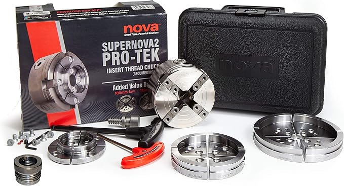 Nova 23108 Pro-Tek Supernova 2 Wood Lathe Chuck Bundle with Pro-Tek 2" Jaw Set, 4" Bowl Jaw Set, 5" Bowl Jaw Set, Woodworm Screw, Plastic Case & accessories, bundled with Nova IXNS 1" x 8tpi Insert