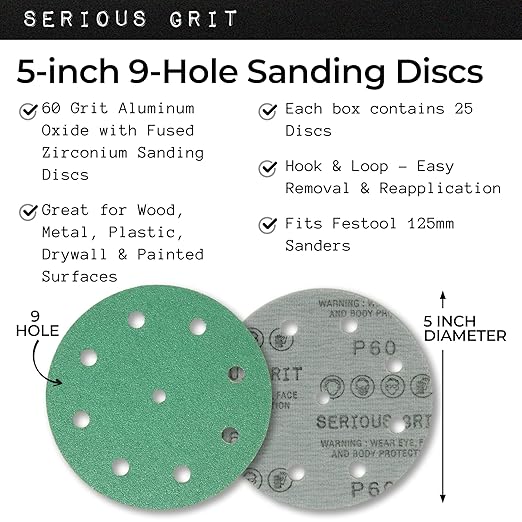 Serious Grit - 5-Inch 9-Hole 60 Grit Sanding Discs - Heavy-Duty Hook & Loop Film Discs - Sandpaper for Random Orbital Sanders - 25 Pack Box