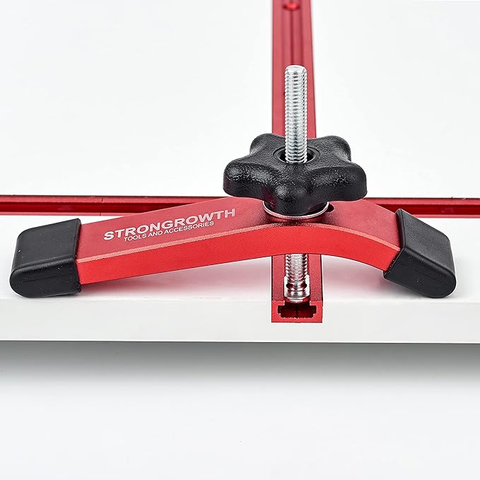 STRONGROWTH T track Hold Down Clamps - Double Cut Profile Universal T-Track Clamps, 6-3/8"L x 1-1/4"W - Woodworking and t slot clamp - Fine Sandblast Anodized - Red Color-4PK