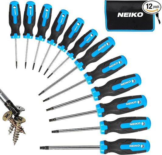 NEIKO 01377A Magnetic Torx Screwdriver Set | 12 Piece | T5 ??T40 | 6 Point Star Head Driver | Heat Treated Chrome Vanadium Steel | Non Slip Cushioned Handle Grip | Magnet Bit Tip | Carrying Pouch
