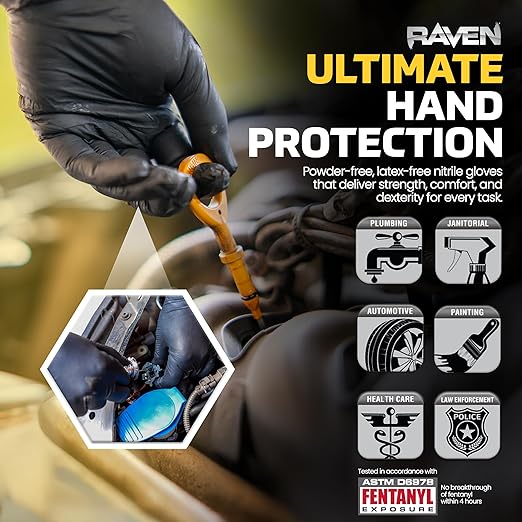 Raven Powder Free Nitrile Disposable Gloves 7 Mil - XL Latex Free, Chemical + Puncture Resistant, Textured Grip, Single Use for Automotive, Industrial, Janitorial, MRO, Food Service 66519