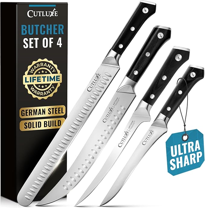 Cutluxe Butcher Knife Set ??BBQ Brisket, Breaking, Boning & Fillet knives - Carving Knife Set for Meat Cutting, Ultra Sharp German Steel, Full Tang, Ergonomic Handles ??Artisan Series