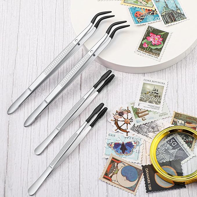 2 Pieces Bent Tip Tweezers with Rubber Tips PVC Coated and 2 Pieces Tweezers Rubber Coated PVC Soft Non Marring Flat Tips Lab Hobby Jewelry Craft Stainless Steel Tool(Black)