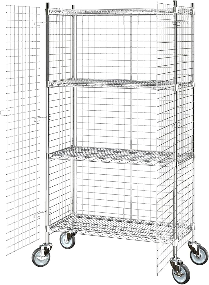 Commercial Grade NSF Listed Metal Wire Mesh Storage Chrome Mobile Security Cage Kit, 18" x 36" x 70", Perfect for Warehouse, Grocery Store, Restaurant, Dishroom
