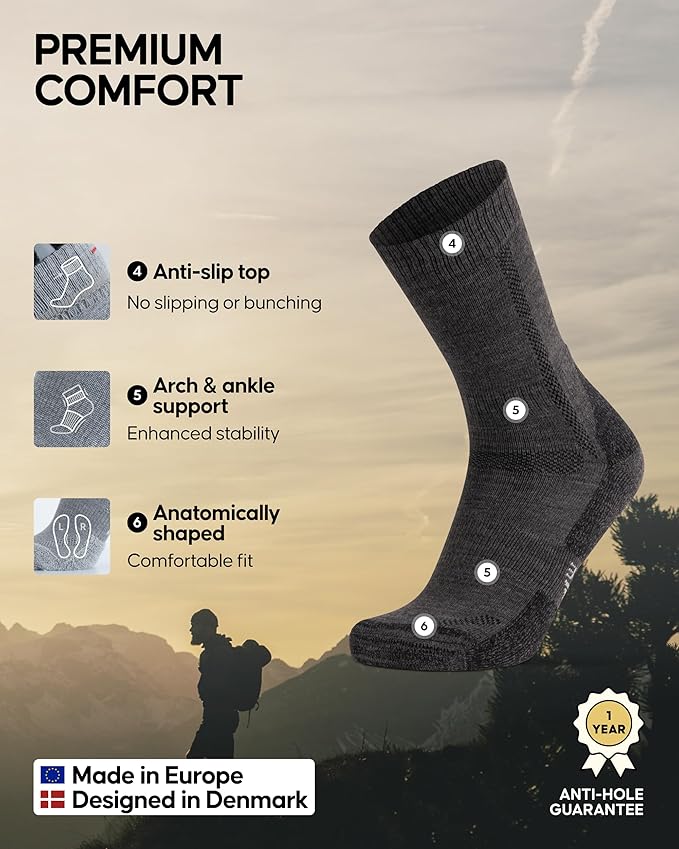 DANISH ENDURANCE Merino Wool Hiking Crew Socks for Men & Women, Cushioned Anti-Blister, Breathable - 3 Pairs